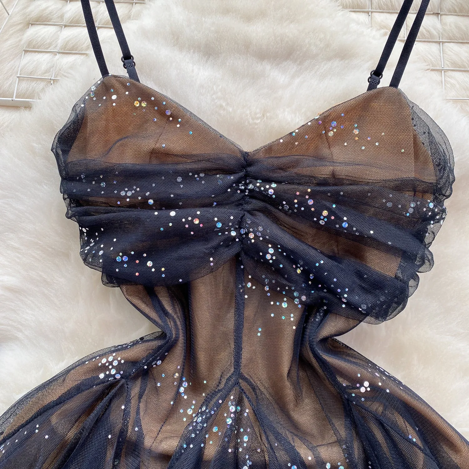 French Style Sequined Slip Mesh Dress