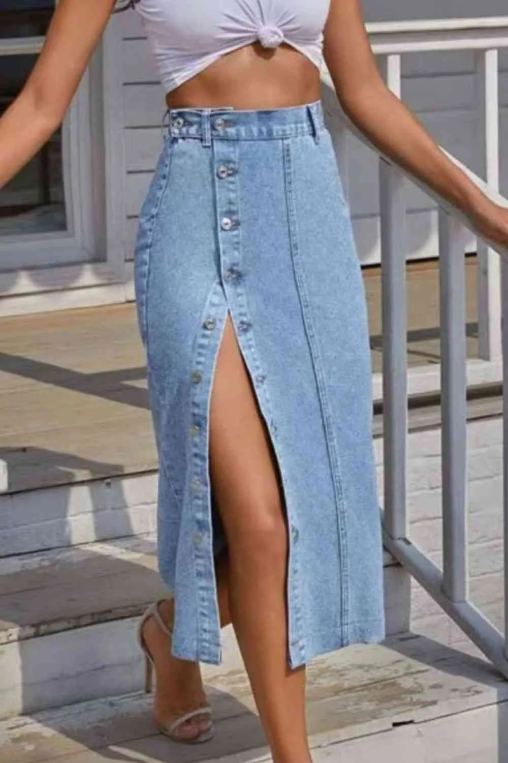 Retro High-Rise Waist Button Front Split Side Retro Blue Jean Midi Denim Pencil Skirt